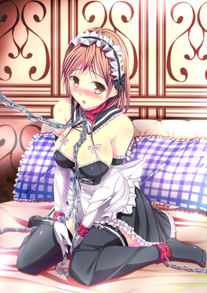 Anime picture 1753x2480 with original cyoppu tall image blush highres short hair breasts open mouth light erotic brown hair large breasts brown eyes barefoot maid girl thighhighs gloves black thighhighs elbow gloves headdress