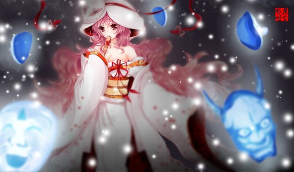Anime picture 1800x1050 with touhou hata no kokoro dusk/dawn single long hair highres red eyes wide image bare shoulders pink hair traditional clothes japanese clothes girl kimono obi mask closed fan