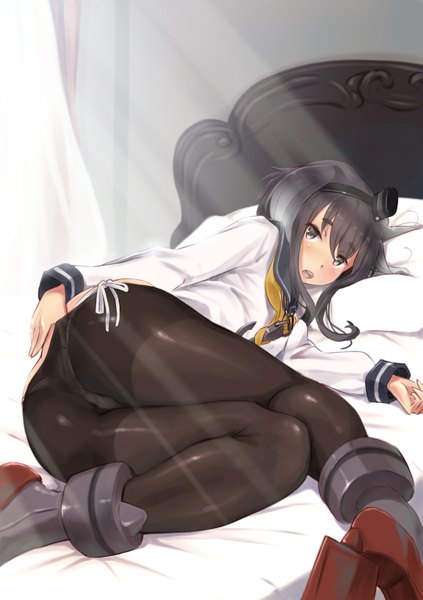 Anime picture 1223x1736 with kantai collection tokitsukaze destroyer wa (genryusui) single long hair tall image looking at viewer blush open mouth light erotic twintails ass indoors lying grey hair sunlight grey eyes on side pantyhose pull girl