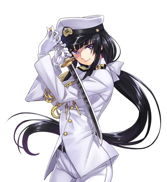 Anime picture 1840x2000 with kantai collection female admiral (kantai collection) matsuryuu single long hair tall image looking at viewer highres black hair simple background white background purple eyes ponytail light smile mole mole under mouth girl gloves uniform weapon