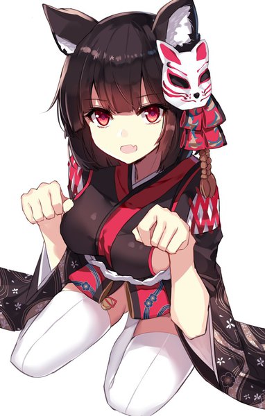 Anime picture 638x1000 with azur lane yamashiro (azur lane) aosaki yukina single tall image looking at viewer fringe short hair breasts open mouth light erotic black hair simple background red eyes white background sitting animal ears blunt bangs traditional clothes japanese clothes