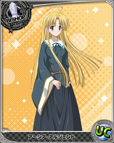Anime picture 640x800 with highschool dxd asia argento single long hair tall image looking at viewer blonde hair green eyes ahoge card (medium) girl dress