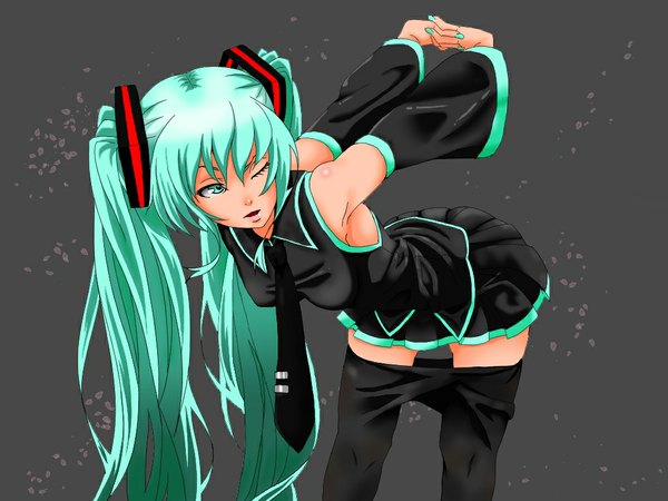 Anime picture 1024x768 with vocaloid hatsune miku gario zephyr single open mouth twintails very long hair one eye closed aqua eyes wink aqua hair girl skirt hair ornament detached sleeves miniskirt necktie