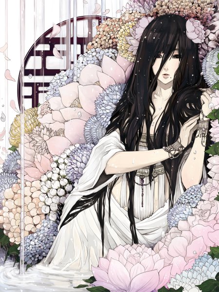 Anime picture 960x1280 with original isuzu (pixiv) single long hair tall image looking at viewer fringe breasts black hair traditional clothes hair flower lips black eyes pale skin girl hair ornament flower (flowers) petals bracelet water lily
