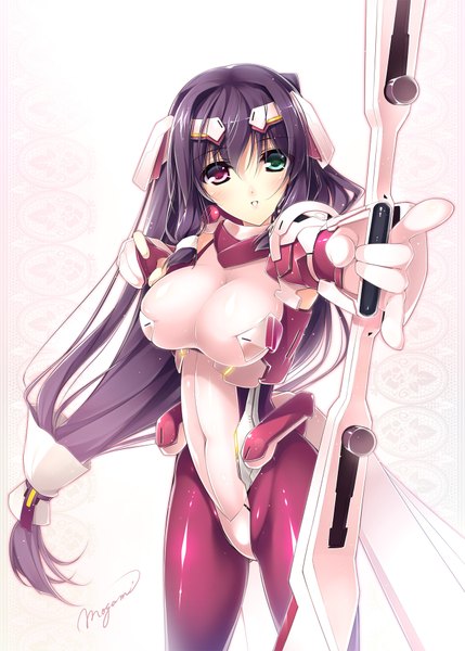 Anime picture 1296x1812 with kyoukai senjou no horizon asama tomo mogami noa single long hair tall image looking at viewer blush breasts light erotic black hair large breasts standing payot legs heterochromia covered navel girl bodysuit bow (weapon)