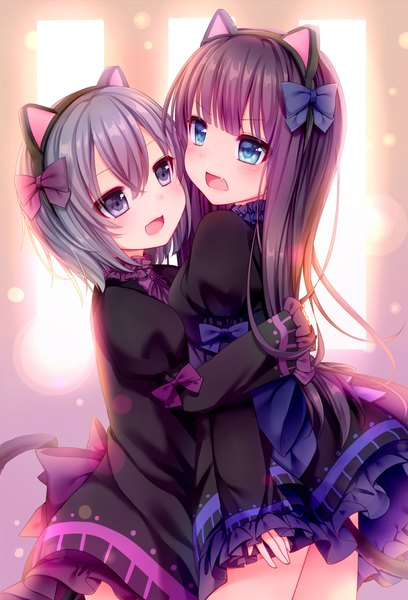Anime picture 800x1176 with original nachi long hair tall image blush fringe short hair open mouth blue eyes standing purple eyes multiple girls animal ears purple hair tail animal tail grey hair cat ears teeth cat girl