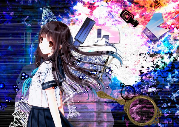 Anime picture 1407x1000 with original kazuharu kina single long hair looking at viewer fringe brown hair brown eyes upper body pleated skirt wind short sleeves girl skirt uniform serafuku insect butterfly mirror