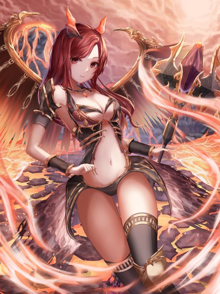 Anime picture 3000x4000 with original gya (144) single long hair tall image looking at viewer highres breasts light erotic red eyes large breasts standing holding cleavage red hair horn (horns) girl thighhighs navel weapon