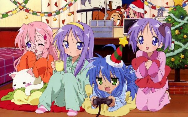 Anime picture 1920x1200 with lucky star kyoto animation izumi konata hiiragi kagami hiiragi tsukasa takara miyuki highres wide image girl