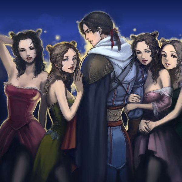 Anime picture 900x901 with assassin's creed (game) assassin's creed ii ezio auditore da firenze 3459ym 345 long hair tall image looking at viewer short hair breasts light erotic black hair multiple girls brown eyes green eyes ponytail parted lips looking back night hair bun (hair buns)