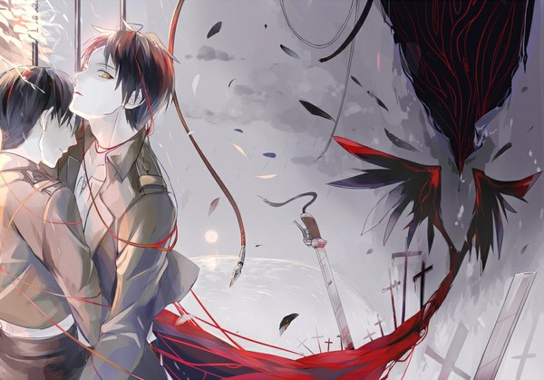 Anime picture 1000x699 with shingeki no kyojin production i.g eren yaeger levi (rivaille) short hair multiple boys hug pale skin bloody weapon boy uniform weapon wings blood 2 boys feather (feathers) cross thread red thread