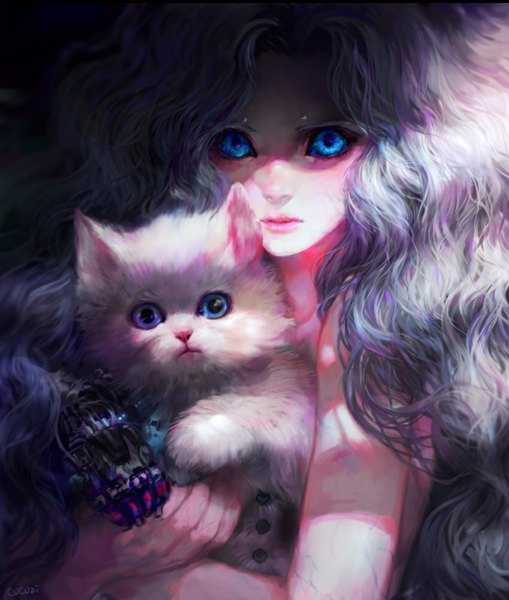Anime picture 850x1001 with original cucuzi single long hair tall image looking at viewer blue eyes holding signed grey hair sunlight piercing mechanical parts vein (veins) girl animal cat