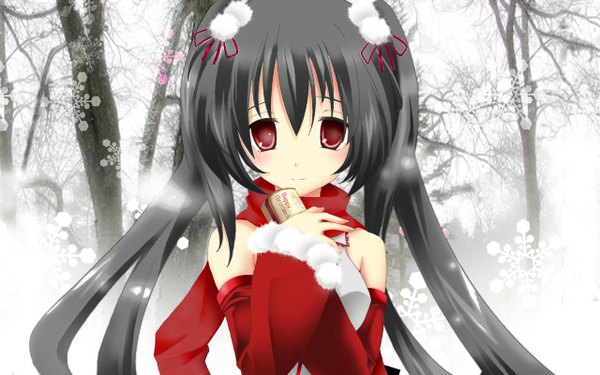 Anime picture 1280x800 with vocaloid zatsune miku single long hair looking at viewer blush black hair red eyes wide image light smile snowing christmas winter snow girl plant (plants) detached sleeves tree (trees) fur snowflake (snowflakes)