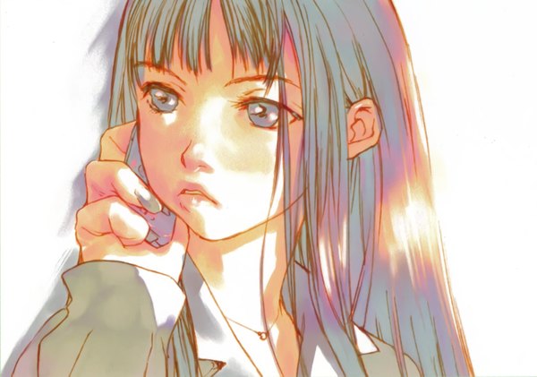 Anime picture 2379x1671 with original artworks re boot okazaki takeshi single long hair highres simple background white background nail polish fingernails grey hair scan grey eyes close-up face long fingernails aqua nail polish girl pendant phone