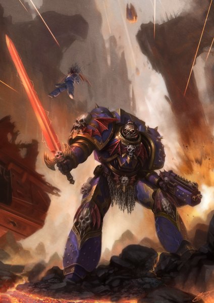 Anime picture 2480x3508 with warhammer 40k chaos space marine okita tall image highres red eyes signed rock lava weapon sword wings armor gun chain skull