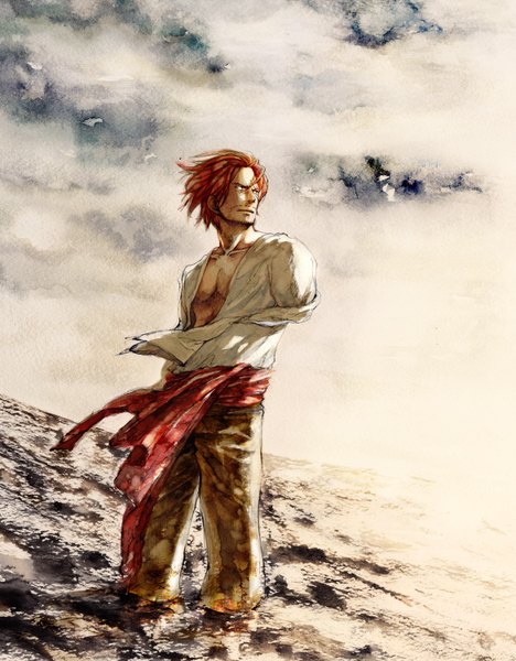 Anime picture 1170x1500 with one piece toei animation shanks kusaco (artist) single tall image short hair sky red hair wind open clothes open shirt boy water