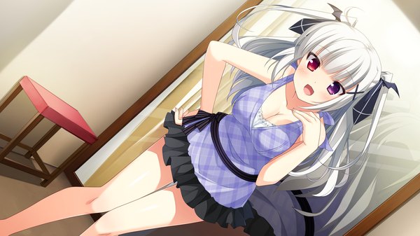 Anime picture 1920x1080 with imouto no okage de mote sugite yabai shiratori kanae ikegami akane long hair looking at viewer blush highres open mouth wide image game cg white hair heterochromia girl dress bow hair bow mirror