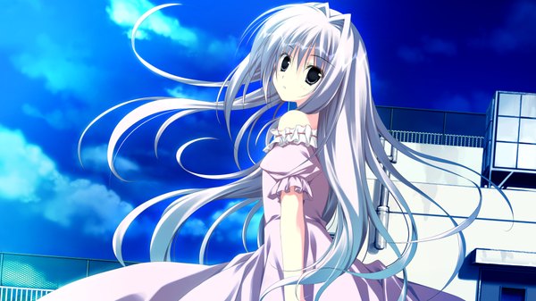 Anime picture 1024x576 with ikinari anata ni koishiteiru yourou tsumugu long hair blue eyes wide image game cg white hair girl dress