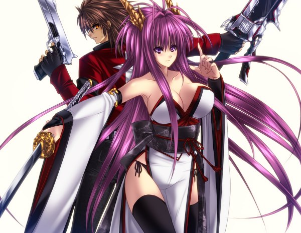 Anime picture 1200x930 with juri (shiningred) long hair short hair breasts light erotic simple background brown hair large breasts white background purple eyes purple hair japanese clothes orange eyes girl thighhighs boy weapon black thighhighs detached sleeves sword