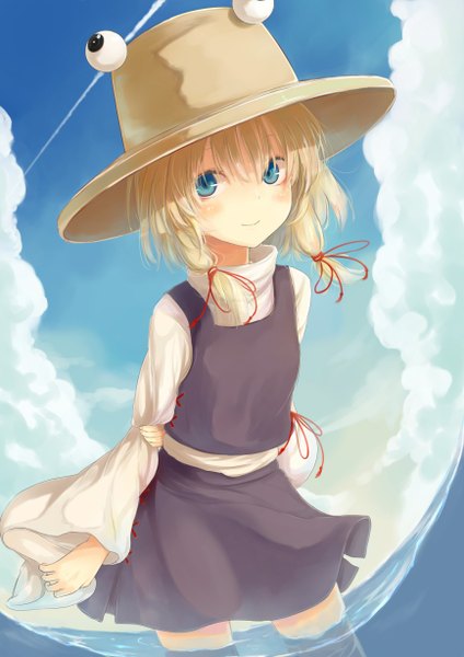 Anime picture 868x1228 with touhou moriya suwako yushika single tall image looking at viewer blush short hair blue eyes blonde hair smile cloud (clouds) girl dress skirt hat water skirt set