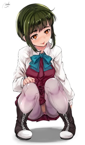 Anime picture 2119x3588 with kantai collection takanami (kantai collection) maki (maki pei) single tall image looking at viewer blush fringe highres light erotic simple background white background signed payot blunt bangs long sleeves head tilt green hair orange eyes pantyshot