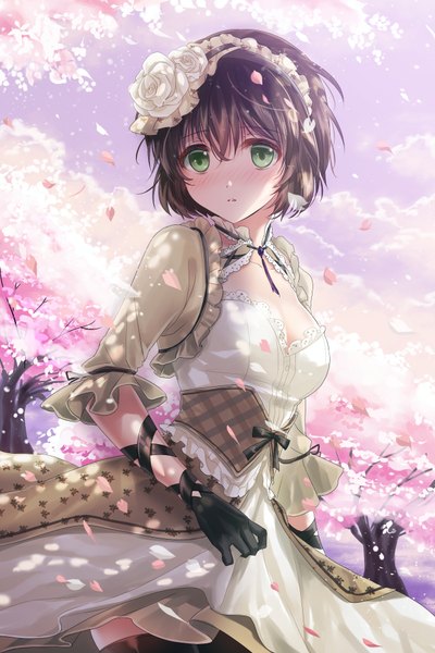 Anime picture 1280x1920 with sword girls asmis hara single tall image looking at viewer blush short hair black hair green eyes cherry blossoms girl thighhighs dress gloves black thighhighs plant (plants) petals tree (trees) headdress
