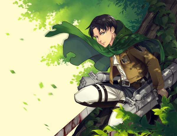 Anime picture 1478x1138 with shingeki no kyojin production i.g levi (rivaille) eurlka single looking at viewer short hair black hair brown eyes open clothes open jacket boy weapon plant (plants) sword tree (trees) belt thigh strap blood