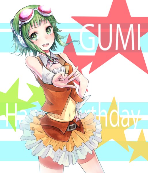 Anime picture 1200x1400 with vocaloid gumi minato (shouno) tall image blush fringe open mouth green eyes green hair inscription hand on hip happy goggles on head girl skirt navel detached sleeves shirt belt headphones