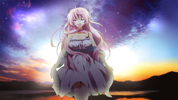Anime picture 1500x844 with vocaloid megurine luka marirero a single long hair open mouth wide image pink hair cloud (clouds) eyes closed evening sunset girl dress white dress pendant