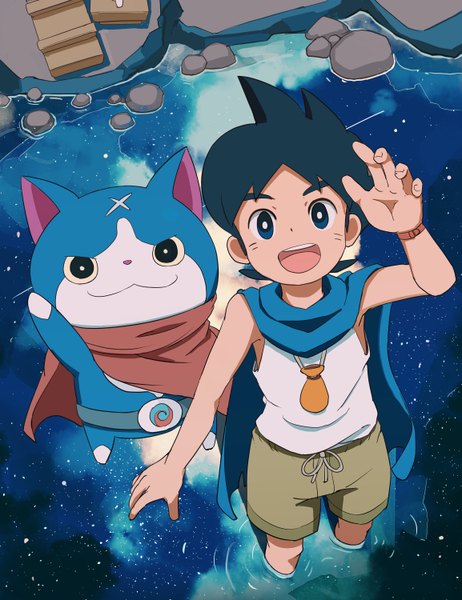 Anime picture 2308x3000 with youkai watch youkai watch 2 fuyunyan keizou besuyama tall image looking at viewer highres short hair open mouth blue eyes black hair from above night night sky outstretched arm reflection scar boy animal