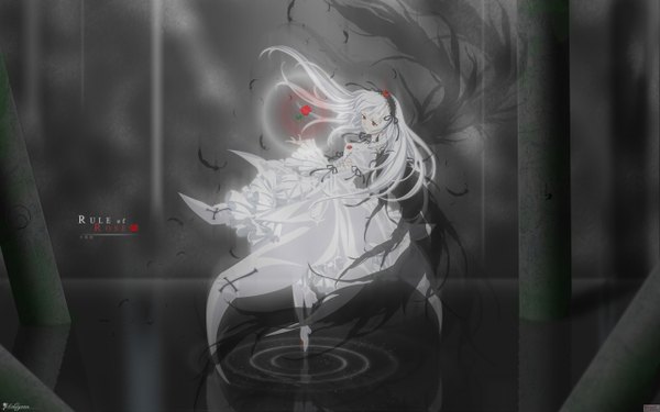 Anime picture 2560x1600 with rozen maiden suigintou solwyvern ishii kumi single long hair highres red eyes wide image signed white hair long sleeves parted lips wallpaper monochrome vector third-party edit ripples alternate color girl