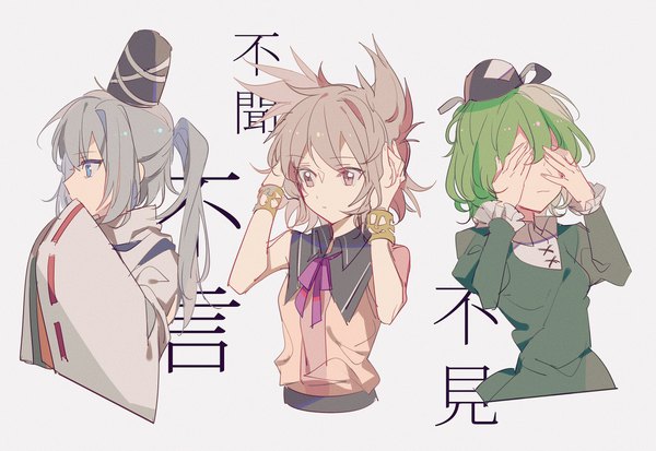 Anime picture 2048x1412 with touhou three monkeys toyosatomimi no miko mononobe no futo soga no tojiko aibivy long hair highres short hair blue eyes simple background brown hair multiple girls brown eyes upper body ponytail profile green hair grey hair grey background