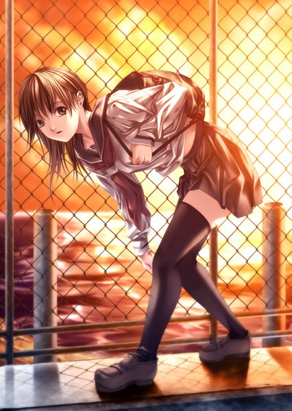 Anime picture 710x1000 with original rezi single long hair tall image brown hair brown eyes zettai ryouiki evening sunset girl thighhighs uniform black thighhighs school uniform serafuku bag