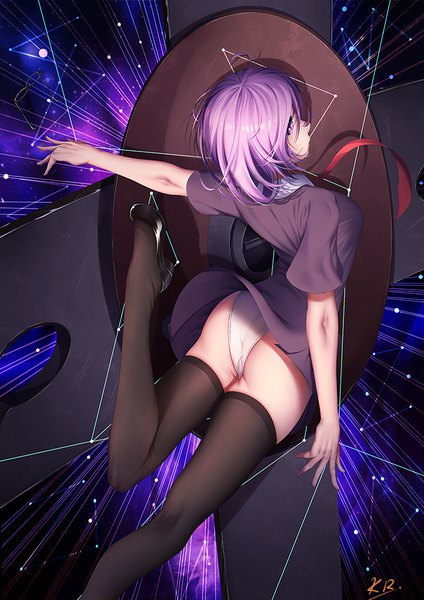 Anime picture 700x990 with fate (series) fate/grand order mash kyrielight kr (sapphire) single tall image blush short hair breasts light erotic purple eyes purple hair bent knee (knees) ass blue background leg lift (legs lift) arched back girl thighhighs dress