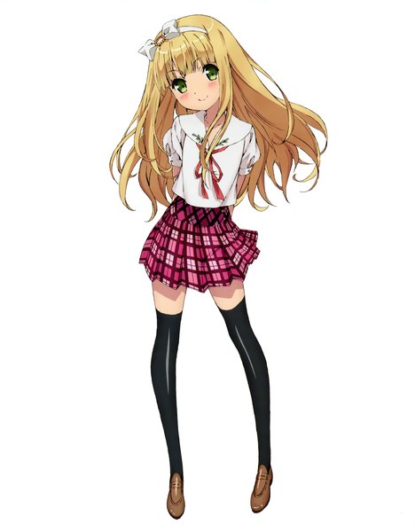 Anime picture 2730x3500 with hentai ouji to warawanai neko j.c. staff azuki azusa single long hair tall image looking at viewer blush highres simple background blonde hair smile white background green eyes zettai ryouiki girl thighhighs skirt bow black thighhighs