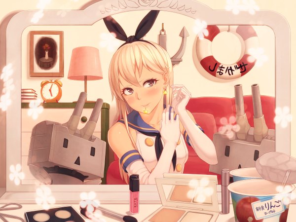 Anime picture 1280x960 with kantai collection shimakaze destroyer rensouhou-chan kedama keito single long hair blush blonde hair bare shoulders holding brown eyes mouth hold girl gloves bow weapon hair bow earrings elbow gloves couch