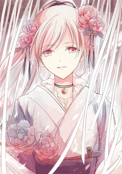 Anime picture 724x1024 with original ria chitose single long hair tall image looking at viewer pink hair ponytail traditional clothes parted lips japanese clothes pink eyes hair flower wind monochrome hair over eyes hair bell girl flower (flowers) choker