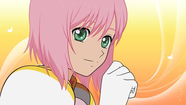 Anime picture 1920x1080 with tales of (series) tales of vesperia estellise sidos heurassein highres short hair wide image green eyes pink hair vector orange background girl