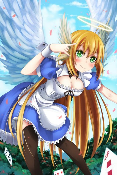 Anime picture 1280x1920 with original helther single long hair tall image blush breasts blonde hair smile green eyes cloud (clouds) angel wings head wings girl thighhighs dress black thighhighs petals wings halo