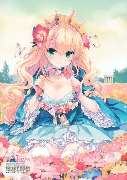 Anime picture 2127x3000 with original sakura koharu long hair tall image looking at viewer highres breasts light erotic blonde hair green eyes girl thighhighs dress flower (flowers) white thighhighs frills insect butterfly crown