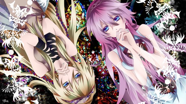 Anime picture 1200x675 with vocaloid megurine luka lily (vocaloid) tyouya long hair blue eyes blonde hair wide image bare shoulders multiple girls pink hair lying praying girl dress 2 girls hairband