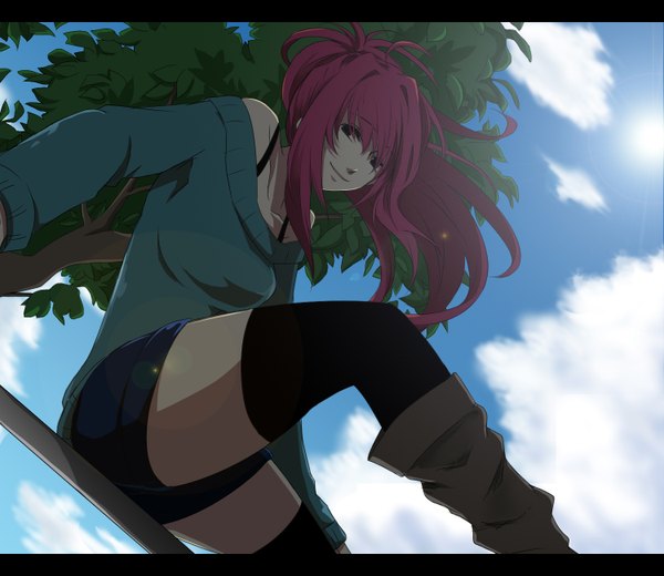 Anime picture 1500x1300 with mahou shoujo madoka magica shaft (studio) sakura kyouko nonewane (artist) single long hair smile bare shoulders cloud (clouds) red hair black eyes girl thighhighs black thighhighs plant (plants) tree (trees) shorts boots sweater