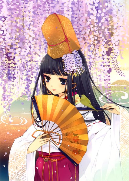 Anime picture 3259x4595 with original eshi 100-nin ten itou noiji single long hair tall image highres blue eyes black hair absurdres traditional clothes girl hair ornament flower (flowers) hat animal petals bird (birds) fan wisteria