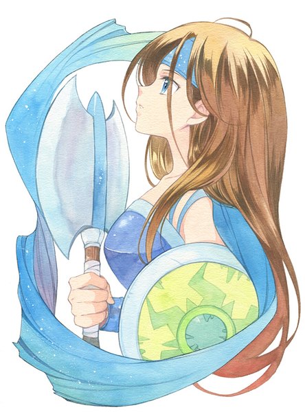 Anime picture 593x800 with monster maker diane (monster maker) agahari single long hair tall image blue eyes simple background brown hair white background ahoge profile looking up traditional media watercolor (medium) girl weapon hairband shield axe