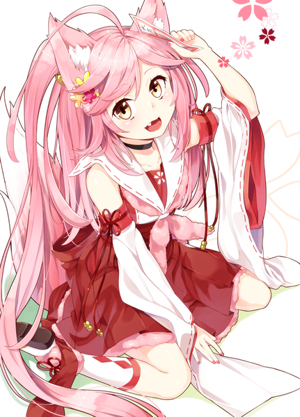 Anime picture 873x1214 with original sakuragi ren single long hair tall image blush open mouth animal ears yellow eyes pink hair tail traditional clothes animal tail teeth fang (fangs) girl detached sleeves socks white socks