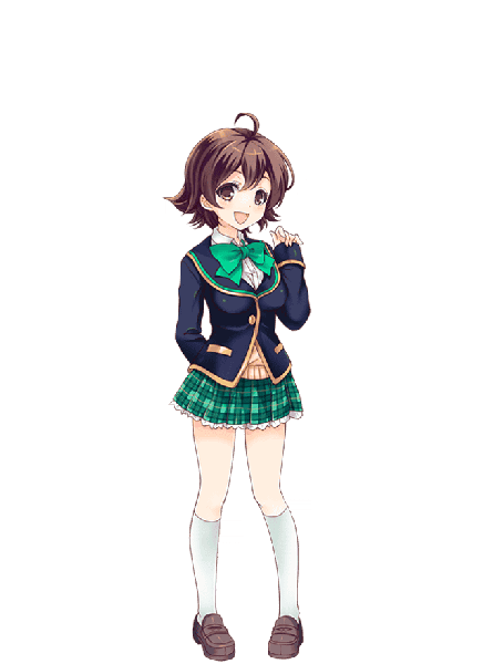 Anime picture 640x880 with girlfriend (kari) hiiragi makoto (girlfriend (kari) qp:flapper single tall image looking at viewer blush short hair open mouth smile brown hair brown eyes full body ahoge official art transparent background arm behind back girl uniform school uniform