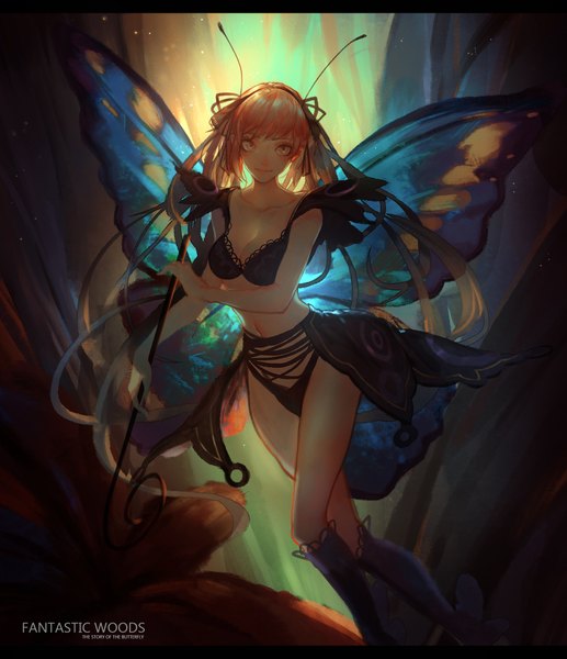 Anime picture 1858x2157 with original mconch single long hair tall image looking at viewer fringe highres breasts light erotic smile yellow eyes pink hair bent knee (knees) midriff letterboxed insect wings butterfly wings insect girl girl