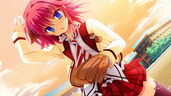 Anime picture 1280x720 with hanasaki work spring soramori wakaba toranosuke single looking at viewer blush fringe short hair open mouth blue eyes wide image pink hair game cg sky cloud (clouds) dutch angle baseball girl thighhighs uniform