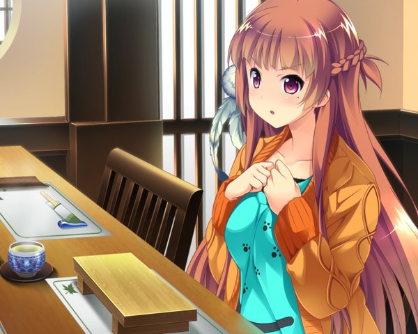 Anime picture 1280x1024 with baka moe heart ni ai wo komete! takai kanae single long hair blush fringe open mouth blonde hair sitting game cg pink eyes mole :o hand on chest half updo mole under mouth paw print >:o girl hair ornament