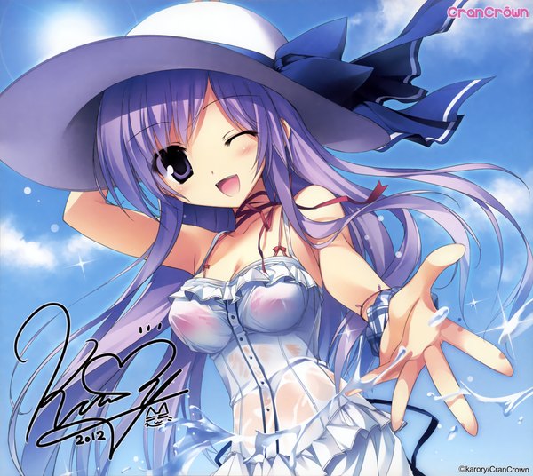 Anime picture 3131x2799 with original karory long hair highres light erotic purple eyes signed absurdres purple hair one eye closed wink girl hat water sundress